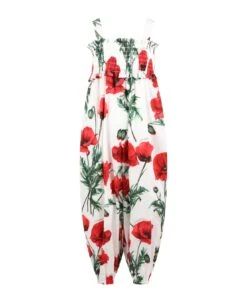 Dolce & Gabbana White Jumpsuit For Girl With Poppies