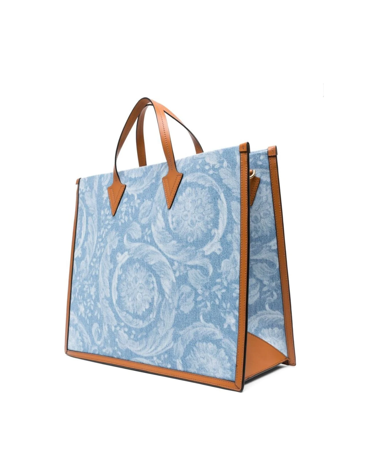 Versace Tote Bag With All-over Logo Print In Light Blue Canvas Man 2 Versace Tote Bag With All-over Logo Print In Light Blue Canvas Man - Image 2