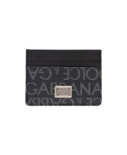 Dolce & Gabbana Black Card-holder With Logo Plaque And Print In Smooth Leather And Waxed Canvas Man