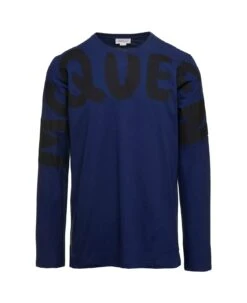 Alexander McQueen Blue Long-sleeved T-shirt With Logo Print In Cotton Man