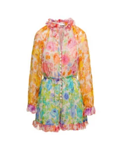 Zimmermann 'raie' Multicolor Long Sleeved Playsuit With All-over Floreal Print In Silk Woman