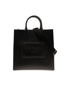Dolce & Gabbana Black Tote Bag With Raised Tonal Logo Tag In Leather Man