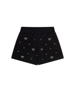 Chiara Ferragni Black Shorts With Rhinestone Embellished Logo In Stretch Cotton Girl