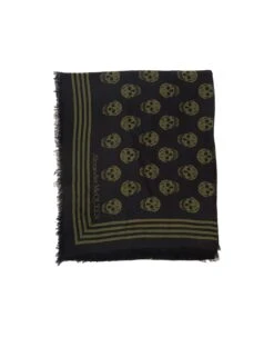 Alexander McQueen Black And Military Green Scarf With Skull And Logo Print In Modal Man